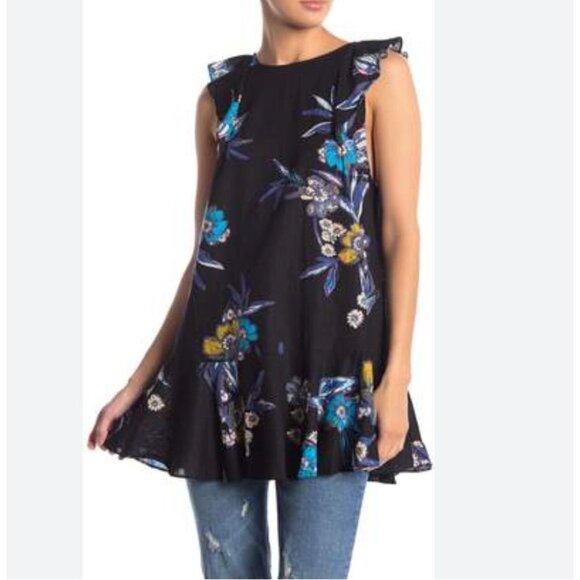 Free People Summer in Tulum Tunic Mini Dress Ruffle Sleeveless Black Floral M - Picture 1 of 12